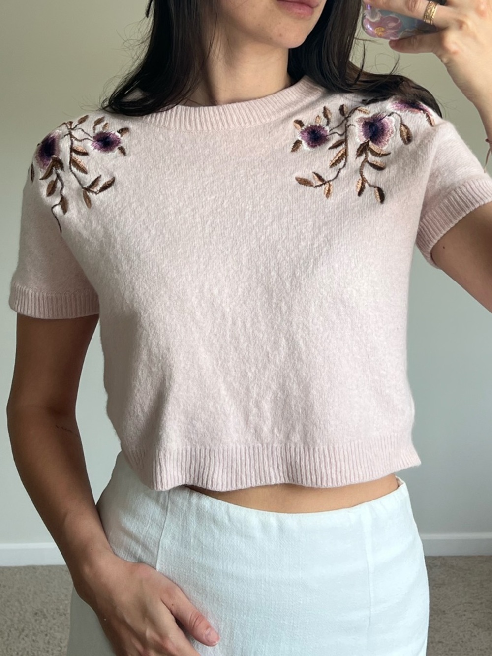Massimo Dutti Pale Pink Cropped Short Sleeve Sweater with Floral Embroidery